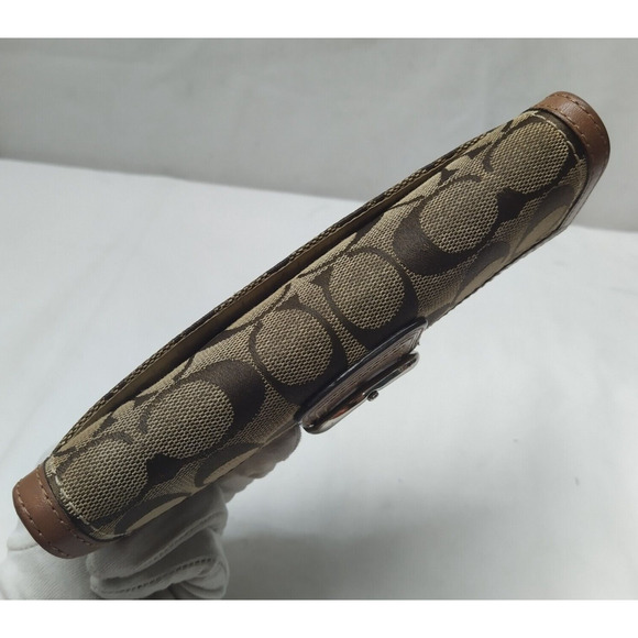 Coach Signature Brown Canvas Leather Buckle Credit Card Trifold Wallet - Picture 7 of 16